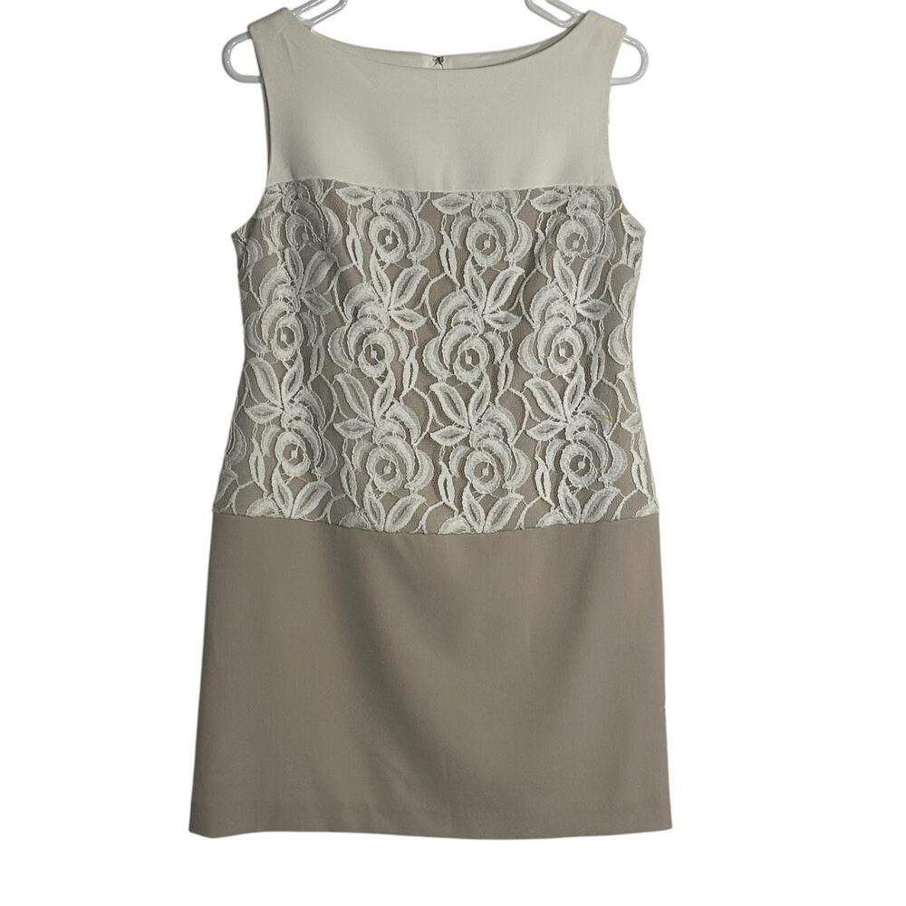 Sandra Darren Dress Womens 6P Neutral Colorblock Embroidered Sleeveless Sheath